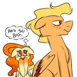 Size: 718x718 | Tagged: safe, artist:fuckomcfuck, oc, oc only, oc:betelgeuse, oc:sun, pegasus, pony, awe, blushing, ethereal mane, female, floppy ears, height difference, joke, male, old art, simp, simple background, starry eyes, starry mane, white background, wingding eyes