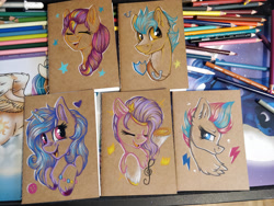 Size: 1920x1440 | Tagged: safe, artist:julunis14, hitch trailblazer, izzy moonbow, pipp petals, sunny starscout, zipp storm, earth pony, pegasus, pony, unicorn, g5, colored pencil drawing, eyes closed, female, mane five, mare, notebook, photo, singing, smug, smugzipp, traditional art, unshorn fetlocks