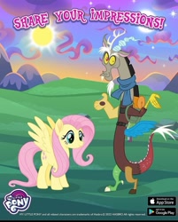 Size: 827x1027 | Tagged: safe, gameloft, discord, fluttershy, draconequus, pegasus, pony, g4, my little pony: magic princess, to where and back again, 2022, advertisement, advertising, apple, apple (company), backpack, bag, clothes, duo, female, food, google, hasbro, japanese, male, mare, moon, motivational, my little pony logo, play store, scarf, sun, video game