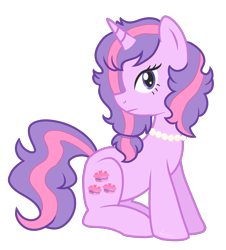 Size: 1465x1619 | Tagged: safe, artist:horsyca, oc, oc only, pony, unicorn, cake, collar, female, food, horn, jewelry, looking at you, mare, necklace, neutral, pink hair, ponysona, purple coat, purple eyes, purple hair, shy, simple background, sitting, solo, stoic, transparent background, unicorn oc