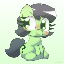 Size: 2000x2000 | Tagged: safe, artist:cushyhoof, oc, oc only, oc:filly anon, earth pony, pony, angry, blushing, cute, earth pony oc, eye clipping through hair, eyebrows, eyebrows visible through hair, female, filly, foal, frown, gradient background, grumpy, high res, madorable, nose wrinkle, ocbetes, signature, sitting, solo