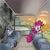 Size: 2048x2048 | Tagged: safe, artist:pfeffaroo, maud pie, pinkie pie, earth pony, pony, bus, cute, diapinkes, female, happy, lidded eyes, looking at something, looking up, mare, maudabetes, meme, parody, ponified meme, road, rock, scenery, sitting, smiling, that pony sure does love rocks, when she smiles