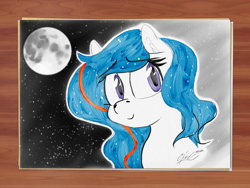 Size: 2542x1916 | Tagged: safe, artist:seafooddinner, oc, oc only, oc:nasapone, earth pony, pony, digital art, eyebrows, eyebrows visible through hair, floppy ears, light, long mane, moon, night, purple eyes, realistic paint studio, simple background, smiling, solo, stars