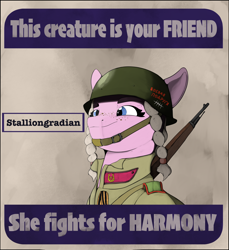 Size: 4208x4599 | Tagged: safe, artist:leotheunicorn, derpibooru exclusive, earth pony, pony, equestria at war mod, absurd resolution, cyrillic, eyebrows, mosin nagant, poster, poster parody, russian, smiling, solo, stalliongrad, this is your friend