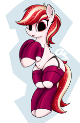 Size: 1200x1830 | Tagged: safe, artist:calilixy, sugar moonlight, earth pony, pony, g5, :p, belly, belly button, clothes, female, garter belt, garters, glitter, lingerie, looking at you, mare, plump, seductive, seductive pose, sexy, simple background, socks, solo, sparkles, standing, stockings, stupid sexy sugar moonlight, tail, thigh highs, tongue out, white background, wide hips