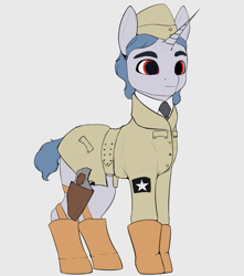 Size: 809x915 | Tagged: safe, artist:leotheunicorn, oc, oc only, pony, unicorn, fallout equestria, cap, clothes, gun, hat, holster, pilot, solo, uniform, weapon