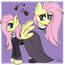 Size: 2000x2000 | Tagged: safe, artist:yoshiyoshi700, fluttershy, butterfly, pegasus, pony, fake it 'til you make it, g4, abstract background, clothes, collar, dress, ear piercing, eyeshadow, female, fluttergoth, goth, heart, high res, makeup, mare, outline, piercing, solo, spread wings, white outline, wings