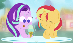 Size: 4224x2461 | Tagged: safe, artist:realgero, starlight glimmer, sunset shimmer, pony, unicorn, g4, blushing, cute, duo, duo female, eyes closed, female, food, glimmerbetes, glowing, glowing horn, heart, high res, hoof on cheek, horn, ice cream, ice cream cone, lesbian, licking, licking lips, magic, magic aura, mare, ponyville, shimmerbetes, ship:shimmerglimmer, shipping, smiling, table, telekinesis, tongue out