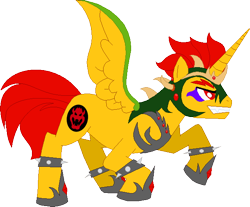 Size: 630x521 | Tagged: safe, artist:selenaede, artist:victorfazbear, alicorn, pony, alicornified, barely pony related, base used, bowser, chains, clothes, crossover, crown, fangs, gritted teeth, horns, jewelry, male, necklace, ponified, race swap, regalia, shoes, simple background, super mario bros., teeth, transparent background