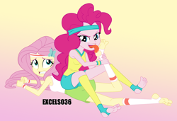 Size: 1150x786 | Tagged: safe, artist:excelso36, fluttershy, pinkie pie, human, equestria girls, g4, barefoot, bondage, clothes, concerned, feet, female, fetish, foot fetish, foot worship, gym shorts, hogtied, lesbian, licking, licking foot, reference, ship:flutterpie, shipping, shorts, simple background, spongebob reference, spongebob squarepants, sports, sports shorts, the fry cook games, tickle torture, tickling, tongue out, wrestling