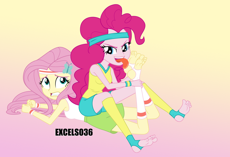 2928911 - safe, alternate version, artist:excelso36, fluttershy, pinkie  pie, human, equestria girls, barefoot, clothes, concerned, feet, female,  fetish, flutterpie, foot fetish, foot worship, gym shorts, lesbian, licking,  licking foot, reference ...