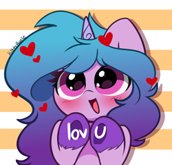 Size: 3570x3426 | Tagged: safe, artist:kittyrosie, izzy moonbow, pony, unicorn, g5, abstract background, blushing, cute, daaaaaaaaaaaw, female, floating heart, happy, heart, high res, izzybetes, kittyrosie is trying to murder us, looking at you, mare, open mouth, open smile, smiling, smiling at you, solo, sweet dreams fuel, underhoof, unshorn fetlocks, weapons-grade cute