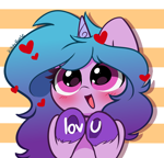 Size: 3570x3426 | Tagged: safe, artist:kittyrosie, izzy moonbow, pony, unicorn, g5, abstract background, blushing, cute, daaaaaaaaaaaw, female, floating heart, happy, heart, high res, izzybetes, kittyrosie is trying to murder us, looking at you, mare, open mouth, open smile, smiling, smiling at you, solo, underhoof, unshorn fetlocks, weapons-grade cute