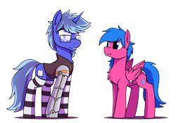 Size: 6000x4200 | Tagged: safe, artist:dacaoo, oc, oc only, oc:neon burst, pegasus, pony, unicorn, amputee, commission, concave belly, height difference, male, prosthetic leg, prosthetic limb, prosthetics, simple background, transparent background