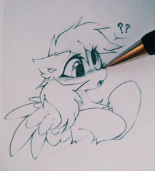 Size: 2908x3205 | Tagged: safe, artist:mirtash, derpy hooves, pegasus, pony, g4, boop, bust, derp, ear fluff, female, high res, mare, monochrome, open mouth, pen, portrait, question mark, simple background, solo, speech bubble, traditional art, white background, wings