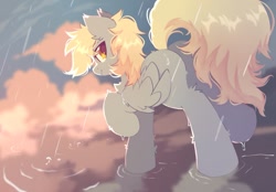 Size: 851x593 | Tagged: safe, artist:mirtash, derpy hooves, pegasus, pony, g4, butt, cloud, eye clipping through hair, female, folded wings, looking at you, looking back, looking back at you, mare, needs more jpeg, plot, rain, raised hoof, raised leg, solo, wings