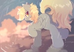 Size: 851x593 | Tagged: safe, artist:mirtash, derpy hooves, pegasus, pony, butt, cloud, eye clipping through hair, female, folded wings, looking at you, looking back, looking back at you, mare, plot, rain, raised hoof, raised leg, solo, wings