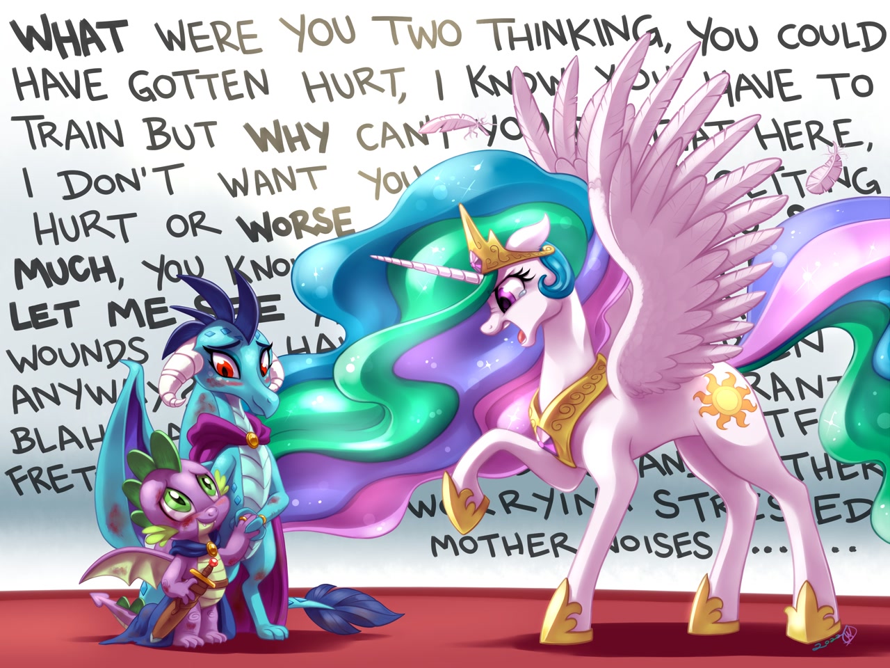 safe, artist:whitediamonds, princess celestia, princess ember, spike, alico...