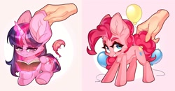 Size: 2048x1064 | Tagged: safe, alternate version, artist:minekoo2, pinkie pie, twilight sparkle, alicorn, earth pony, pony, g4, balloon, big ears, blushing, book, chibi, cute, diapinkes, digital art, disembodied hand, duo, duo female, feather, female, hand, heart, horn, lidded eyes, mare, petting, reading, sitting, spread wings, tail, twiabetes, twilight sparkle (alicorn), wings