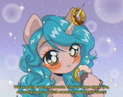 Size: 2048x1626 | Tagged: safe, artist:pierogarts, izzy moonbow, pony, unicorn, g5, '90s, anime, donut, female, food, horn, izzy impaling things, mare, smiling, solo, the uses of unicorn horns