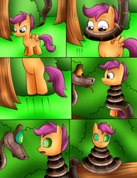 Size: 2029x2624 | Tagged: safe, artist:jerrydestrtoyer, scootaloo, pegasus, pony, snake, comic:kaa and cutie mark crusaders, g4, coils, comic, female, filly, foal, high res, hypno eyes, hypnosis, kaa, kaa eyes, kaa hypnotism paraphilia, male, outdoors