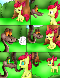 Size: 2142x2771 | Tagged: safe, artist:jerrydestrtoyer, apple bloom, earth pony, pony, snake, comic:kaa and cutie mark crusaders, g4, bow, comic, female, filly, foal, hair bow, high res, hypno eyes, hypnosis, kaa, kaa eyes, kaa hypnotism paraphilia, male, outdoors, sitting