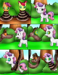 Size: 2033x2622 | Tagged: safe, artist:jerrydestrtoyer, apple bloom, scootaloo, sweetie belle, earth pony, pegasus, pony, snake, unicorn, comic:kaa and cutie mark crusaders, g4, :o, coils, comic, cutie mark crusaders, female, filly, foal, high res, hypnosis, kaa, kaa hypnotism paraphilia, male, open mouth, outdoors, smiling, smirk
