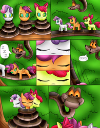 Size: 2148x2750 | Tagged: safe, artist:jerrydestrtoyer, apple bloom, scootaloo, sweetie belle, earth pony, pegasus, pony, python, snake, unicorn, comic:kaa and cutie mark crusaders, g4, bow, coils, comic, cutie mark crusaders, disney, female, filly, foal, hair bow, high res, hypnosis, kaa, kaa hypnotism paraphilia, male, onomatopoeia, outdoors, sleeping, sound effects, the jungle book, zzz