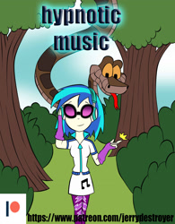 Size: 1573x2019 | Tagged: safe, artist:jerrydestrtoyer, dj pon-3, vinyl scratch, human, snake, equestria girls, g4, clothes, comic, comic cover, cutie mark on clothes, female, fingerless gloves, forked tongue, gloves, headphones, kaa, outdoors, patreon, patreon logo, smiling, sunglasses, tongue out