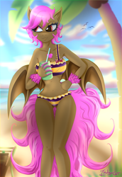 Size: 1500x2184 | Tagged: safe, artist:indigocat1, oc, oc only, bat pony, anthro, bat pony oc, bat wings, beach, bedroom eyes, belly button, bikini, breasts, clothes, commission, digital art, female, hand on hip, holding, solo, swimsuit, tail, thighs, wide hips, wings