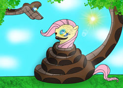 Size: 1170x836 | Tagged: safe, artist:kinipharian, fluttershy, pegasus, pony, g4, coils, duo, female, hypno eyes, hypnoshy, hypnosis, kaa, kaa eyes, kaa hypnotism paraphilia, mare, outdoors, smiling