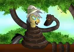 Size: 1156x811 | Tagged: safe, artist:kinipharian, daring do, pegasus, pony, snake, g4, bedroom eyes, coils, duo, eyelashes, female, hat, hypno eyes, kaa, kaa eyes, kaa hypnotism paraphilia, mare, outdoors, pith helmet