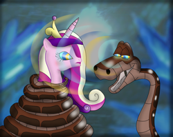 Size: 3120x2480 | Tagged: safe, artist:kinipharian, princess cadance, alicorn, pony, snake, g4, bedroom eyes, cave, coils, duo, eyes, female, high, hypno eyes, imminent vore, implied vore, jewelry, kaa, kaa eyes, kaa hypnotism paraphilia, male, mare, mind control, peril, tiara