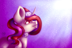 Size: 3000x2000 | Tagged: safe, artist:prettyshinegp, oc, oc only, pony, unicorn, abstract background, bust, christmas, female, hat, high res, holiday, horn, mare, santa hat, signature, solo, unicorn oc