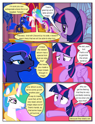 Size: 612x792 | Tagged: safe, artist:newbiespud, edit, edited screencap, screencap, princess cadance, princess celestia, princess luna, twilight sparkle, alicorn, pony, comic:friendship is dragons, g4, twilight's kingdom, comic, dialogue, ethereal mane, female, hoof on chest, jewelry, mare, peytral, raised hoof, starry mane, throne, tiara, twilight sparkle (alicorn), underhoof