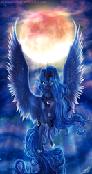 Size: 1200x2250 | Tagged: safe, artist:sadowwolfkact, princess luna, alicorn, pony, blue eyes, blue mane, blue tail, cloud, crepuscular rays, digital art, ethereal mane, female, flowing mane, flowing tail, flying, hoof shoes, horn, looking at you, mare, moon, moonlight, signature, sky, smiling, smiling at you, solo, speedpaint, spread wings, starry mane, starry tail, stars, tail, wings