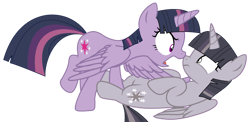 Size: 1745x849 | Tagged: safe, artist:twilyisbestpone, artist:wardex101, edit, mean twilight sparkle, twilight sparkle, alicorn, pony, angry, base used, clone, discorded, discorded twilight, duality, duo, duo female, evil, female, mare, nose wrinkle, pinned, scared, self paradox, self ponidox, simple background, transparent background, twilight sparkle (alicorn), twilight tragedy, wide eyes, wings