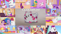 Size: 1280x721 | Tagged: safe, edit, edited screencap, editor:quoterific, screencap, cloudpuff, hitch trailblazer, izzy moonbow, pipp petals, queen haven, sunny starscout, thunder (g5), zipp storm, dog, earth pony, flying pomeranian, pegasus, pomeranian, pony, unicorn, a home to share, g5, making a foal of me, my little pony: tell your tale, queens for a day, sisters take flight, spoiler:g5, spoiler:my little pony: tell your tale, spoiler:tyts01e01, spoiler:tyts01e03, spoiler:tyts01e15, spoiler:tyts01e17, :o, baby, baby pony, colt, colt hitch trailblazer, eyes closed, female, filly, filly izzy moonbow, filly sunny starscout, flying, food, grin, male, mane five (g5), mare, open mouth, open smile, pineapple, smiling, spread wings, stallion, sunglasses, text, winged dog, wings, younger