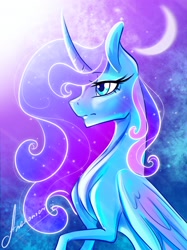 Size: 2048x2732 | Tagged: safe, artist:anekomori, princess luna, alicorn, pony, blue eyes, blue mane, crepuscular rays, crescent moon, curved horn, digital art, ethereal mane, eyelashes, feather, female, flowing mane, folded wings, glowing, horn, mare, moon, moonlight, night, signature, sketch, sky, solo, sparkles, starry mane, stars, wings