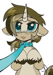 Size: 2311x3286 | Tagged: safe, artist:cherry_kotya, oc, oc only, oc:valsie, pony, unicorn, :p, collar, colored hooves, eye clipping through hair, eyebrows, eyebrows visible through hair, floppy ears, high res, horn, leash, looking at you, simple background, solo, tongue out, unicorn oc, unshorn fetlocks, white background