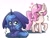 Size: 2006x1515 | Tagged: safe, artist:namaenonaipony, princess celestia, princess luna, alicorn, pony, g4, blushing, cewestia, cute, cutelestia, duo, duo female, eyes closed, female, filly, flower, foal, folded wings, horn, japanese, looking at you, lunabetes, onomatopoeia, open mouth, pink-mane celestia, raised hoof, simple background, sitting, white background, wings, woona, young celestia, young luna, younger