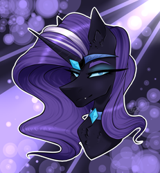 Size: 1200x1300 | Tagged: safe, artist:via2211, nightmare rarity, pony, unicorn, g4, blue eyes, bust, chest fluff, crepuscular rays, crown, digital art, eyelashes, eyeshadow, fangs, female, gem, grin, horn, jewelry, lidded eyes, long horn, looking at you, makeup, mare, moonlight, night, purple mane, regalia, smiling, smiling at you, solo