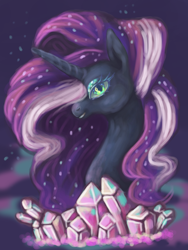 Size: 3000x4000 | Tagged: safe, artist:ayveena, nightmare rarity, pony, unicorn, g4, bust, crown, crystal, digital art, ethereal mane, eyelashes, eyeshadow, female, flowing mane, gem, green eyes, high res, horn, jewelry, looking at you, makeup, mare, purple mane, regalia, simple background, sky, smiling, smiling at you, solo, sparkles, starry mane, stars, teeth