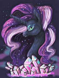 Size: 3000x4000 | Tagged: safe, artist:ayveena, edit, nightmare rarity, pony, unicorn, g4, bust, crown, crystal, digital art, ethereal mane, eyelashes, eyeshadow, female, flowing mane, gem, green eyes, high res, horn, jewelry, looking at you, makeup, mare, purple mane, regalia, simple background, sky, smiling, smiling at you, solo, sparkles, starry mane, stars, teeth