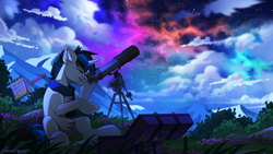 Size: 2500x1406 | Tagged: safe, artist:redchetgreen, oc, oc only, oc:solar gizmo, pony, unicorn, irish flag, mountain, night, notebook, pencil, solo, space, stars, telescope