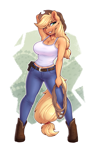 Size: 2208x3508 | Tagged: safe, artist:dandy, applejack, earth pony, anthro, unguligrade anthro, arm behind head, belt, belt buckle, boots, breasts, busty applejack, chest fluff, cleavage, clothes, cowboy boots, cowboy hat, denim, ear fluff, female, freckles, grin, hair tie, hat, jeans, looking at you, one eye closed, pants, rope, shoes, smiling, smirk, solo, stupid sexy applejack, tanktop, wink