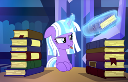 Size: 2653x1700 | Tagged: safe, artist:kannakiller, oc, pony, unicorn, base used, blue eyes, book, commission, female, floppy ears, glowing, glowing horn, horn, library, looking back, magic, magic aura, mare, solo, table, telekinesis, throne, tongue out, unicorn oc, ych result