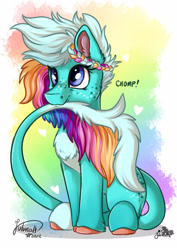 Size: 1920x2716 | Tagged: safe, artist:julunis14, oc, oc only, earth pony, pony, biting, braid, chest fluff, chomp, coat markings, cute, digital art, female, fluffy mane, fluffy tail, freckles, leonine tail, rainbow tail, sitting, solo, tail, tail bite