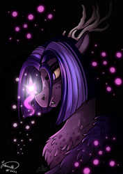 Size: 1920x2716 | Tagged: safe, artist:julunis14, oc, oc only, draconequus, bust, chest fluff, coat markings, digital art, draconequus oc, facial markings, fangs, horns, implied twilight sparkle, male, mane, portrait, solo, sparkle, star (coat marking), twilight sparkle's cutie mark, wing fluff, wings