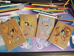 Size: 1152x864 | Tagged: safe, artist:julunis14, derpy hooves, spitfire, sunset shimmer, trixie, pegasus, pony, unicorn, g4, :p, bubble, bust, cape, clothes, colored pencil drawing, fire, food, muffin, notebook, one eye closed, portrait, tongue out, traditional art, wink